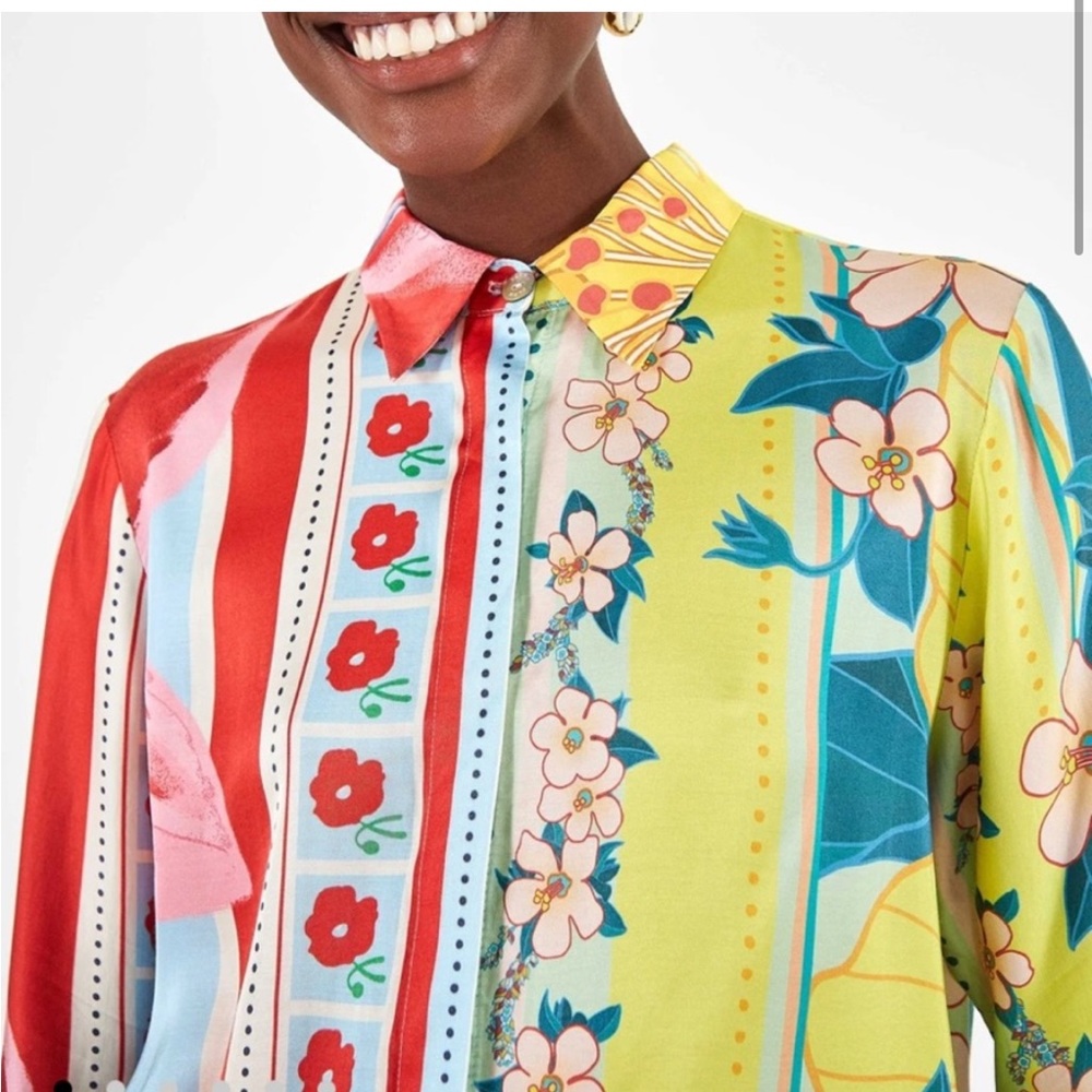 Farm Rio Shelby Floral Scarf Bohemian Patchwork Button Down Shirt - XSMALL - Picture 3 of 10